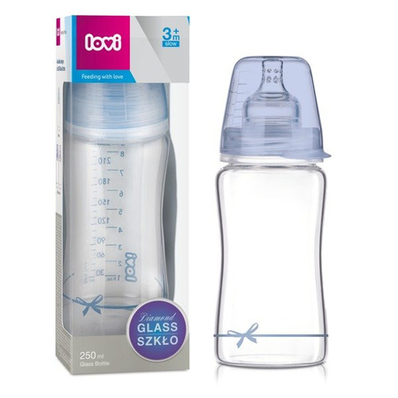 Lovi Butelka szklana DIAMOND GLASS 250 ml Baby Shower niebieski smoczek wolny 3m+