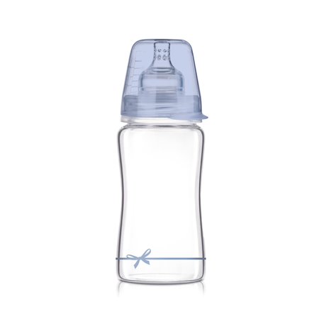Lovi Butelka szklana DIAMOND GLASS 250 ml Baby Shower niebieski smoczek wolny 3m+