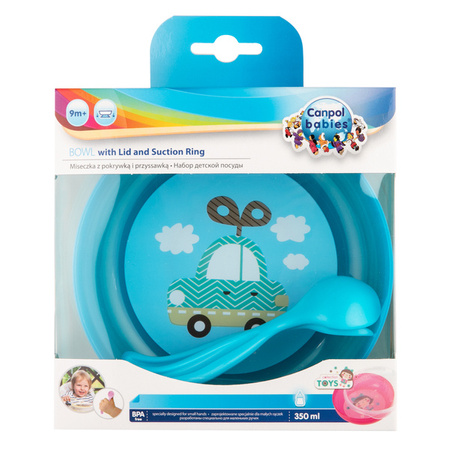 Canpol Miska z pokrywką i sztućcami 350ml TOYS autko